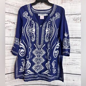 Gretchen Scott Top Womens Size Medium Embroidered Boho Folklore Cotton Tunic